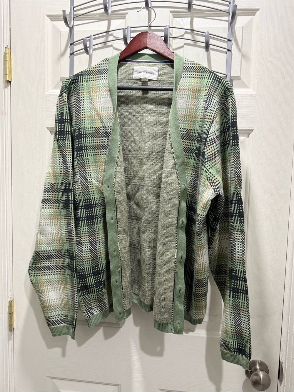 Sun + Stone Green Plaid Open-Front Men’s Cardigan